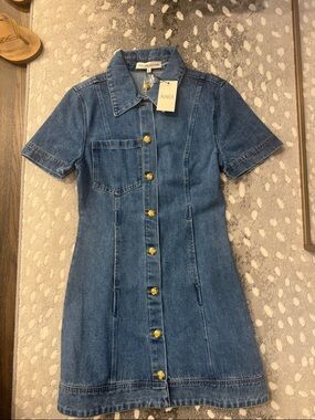 Avara Denim Button-Front Short Sleeve Dress in Blue